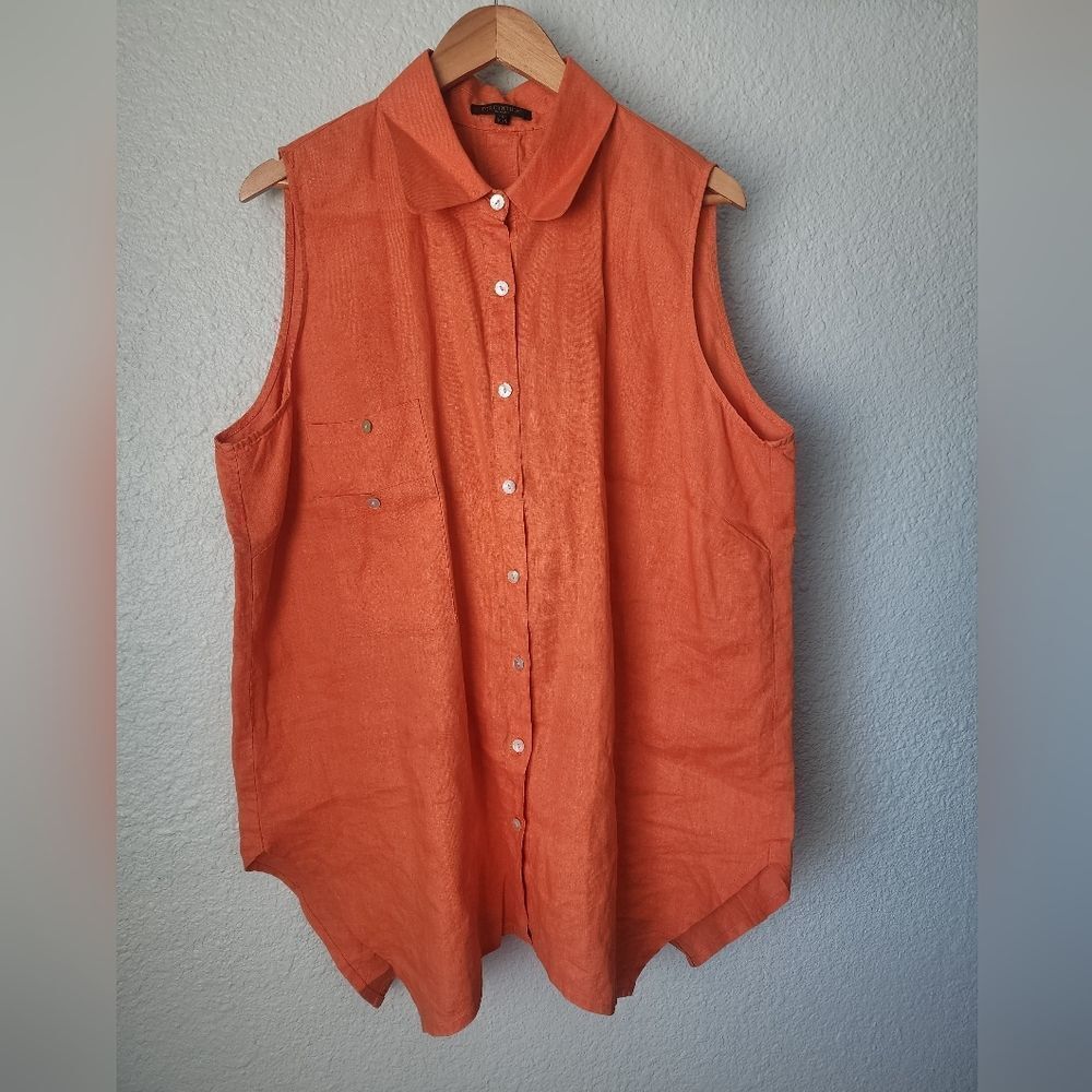 For Cynthia Orange Sleeveless Linen Button Down Coastal Blouse